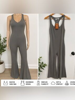 Reoria NWT Racerback Wide Leg Jumpsuit Built In Bra Gray Lounge One Piece